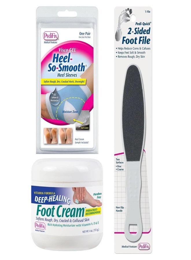 Pedifix Heel-So-Smooth Dry Heel Treatment Kit with Visco-Gel Heel Sleeves, Deep-Healing Foot Cream & Pedi-Quick Two-Sided Foot File - Softens & Repairs Rough, Dry, Cracked Heels, Calluses & Skin - Image 1